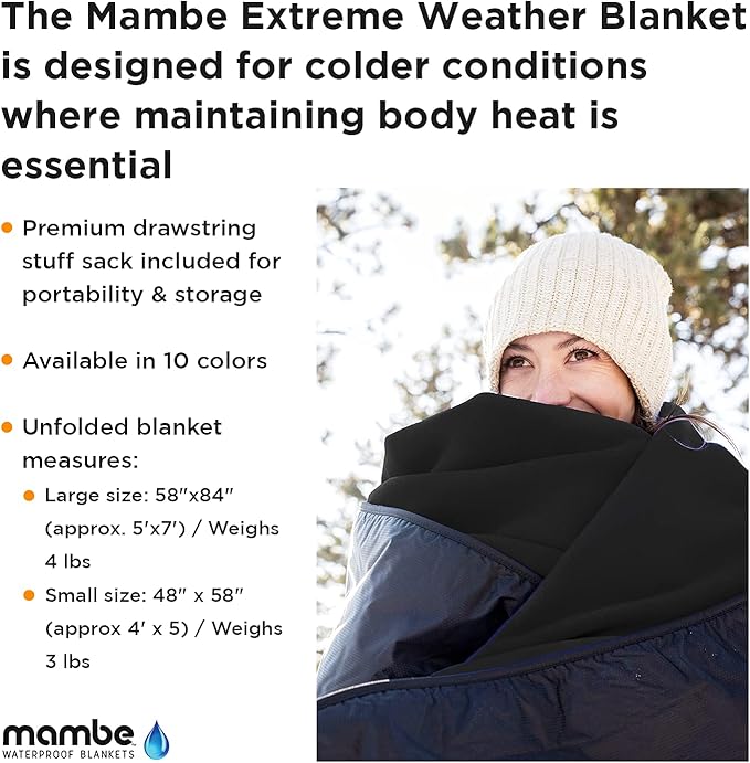 Mambe Extreme Weather Outdoor Blanket - Royal Large - 100% Waterproof and Windproof Soft Warm Polarfleece with Durable Nylon Shell Use at Sporting Events Camping Picnics Emergency Blanket