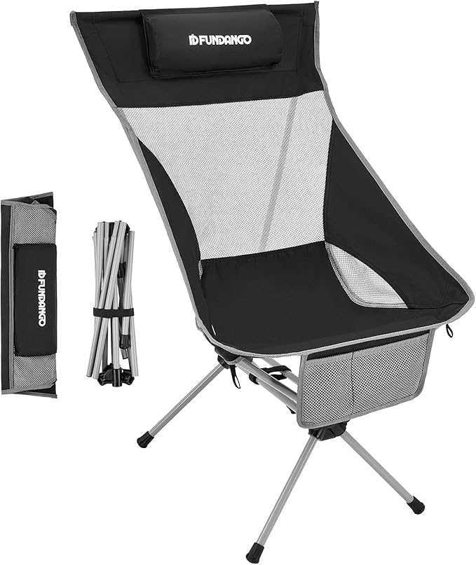FUNDANGO High Back Camping Chair Portable Folding Camp Chair for Adults with Headrest for BBQ Outdoor Lawn Hiking Fishing Picnicl (Black)