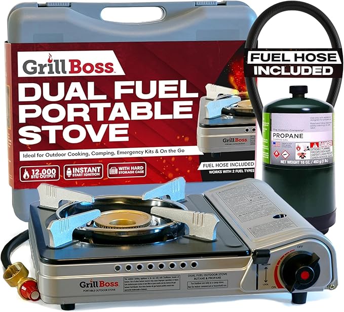 Grill Boss Dual Fuel Camp Stove - 12000 BTU Butane &amp Propane Portable Stoves for Camping Emergencies BBQ Hiking &amp Backpacking - Double Wind Guard Instant Piezo Ignition System - 90057