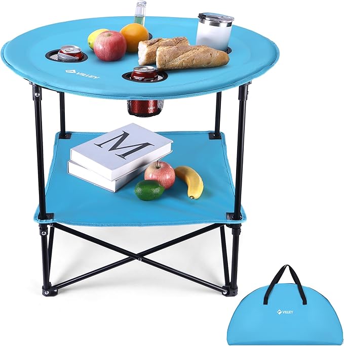 VILLEY Folding Camping Table Lightweight Double-Layer Round Table with 4 Cup Holders and Carry Bag Portable Beach Table for Camp Travel Fishing Outdoor Activities Blue