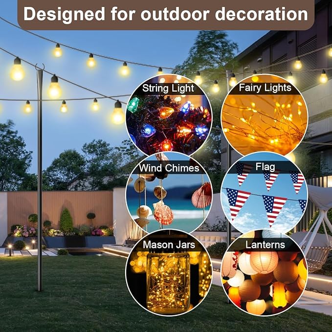 2 Pack 10FT Lighting Hanging Pole for Outside Waterproof Hardened Metal Outdoor String Light Poles for Patio Garden Bistro Wedding Parties