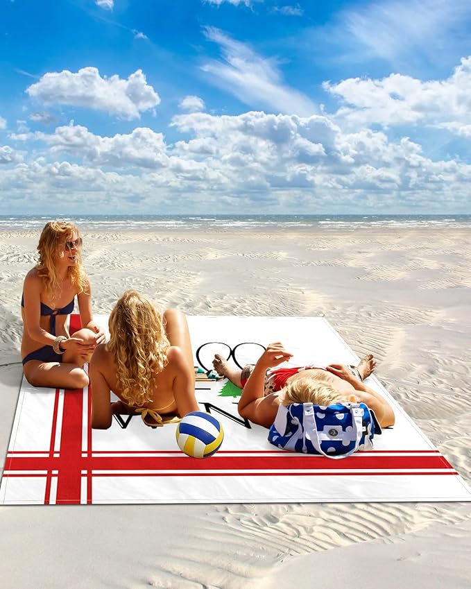 Beach Blanket Waterproof Sandproof OversizedChristmas Simple Red Stripe on White Beach Mat with Corner Stakes Sand PocketsHello Winter Quote Outdoor Picnic Mat for Travel Camping Hiking 95x80In