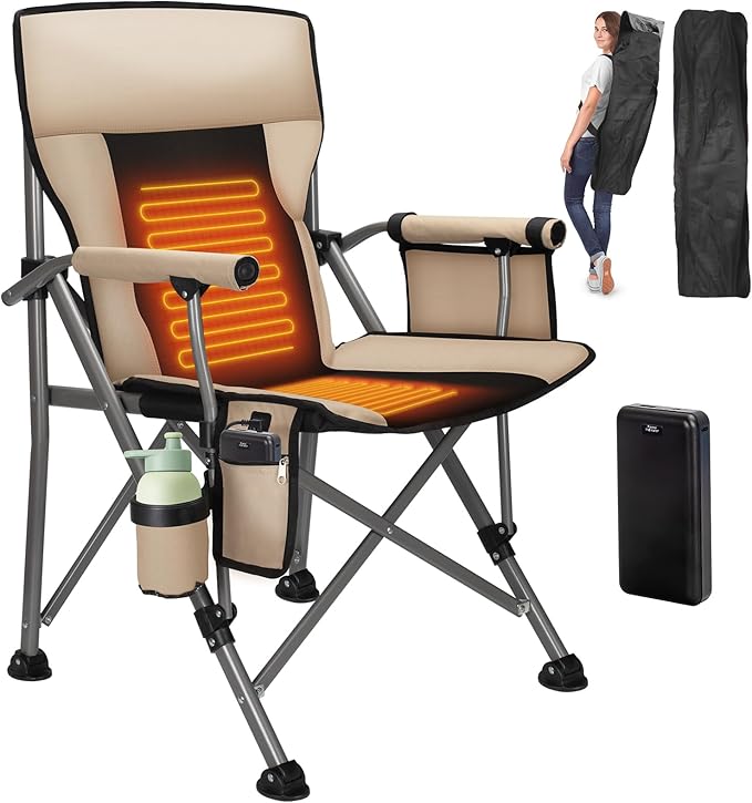 Heated Camping Chair with 20000 mAh Battery Loog-Lasting for 500 Mins Fully Padded Heated Camp Chairs Heavy Duty Folding Chairs Supports 500 lbs for Winter Camping Picnics Tailgating RV Travel