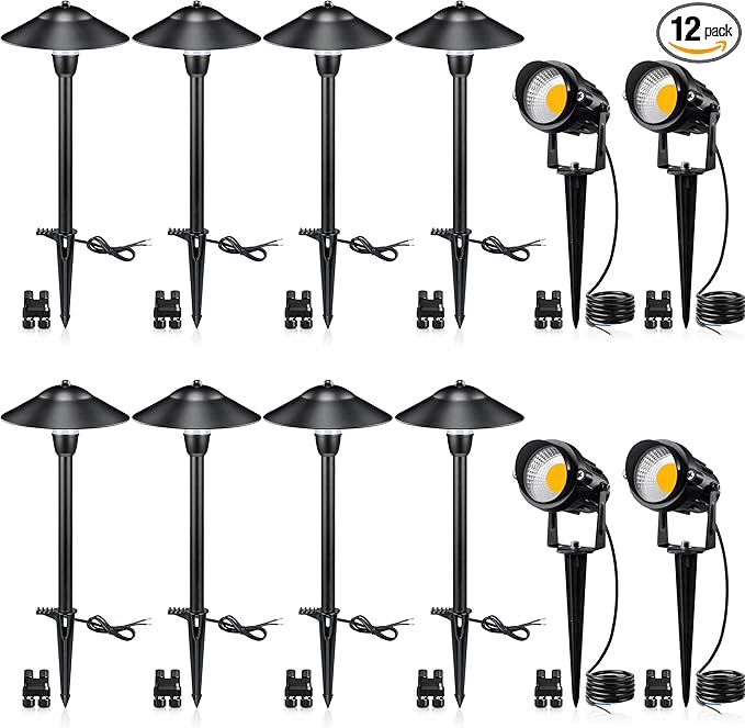 SUNVIE LED Low Voltage Landscape Lighting 12V Landscape Lighting Kit with Connectors Low Voltage Pathway Lights with Spotlights Aluminum Pathway Lights Wired Waterproof for Patio Yard Garden 12 Pack