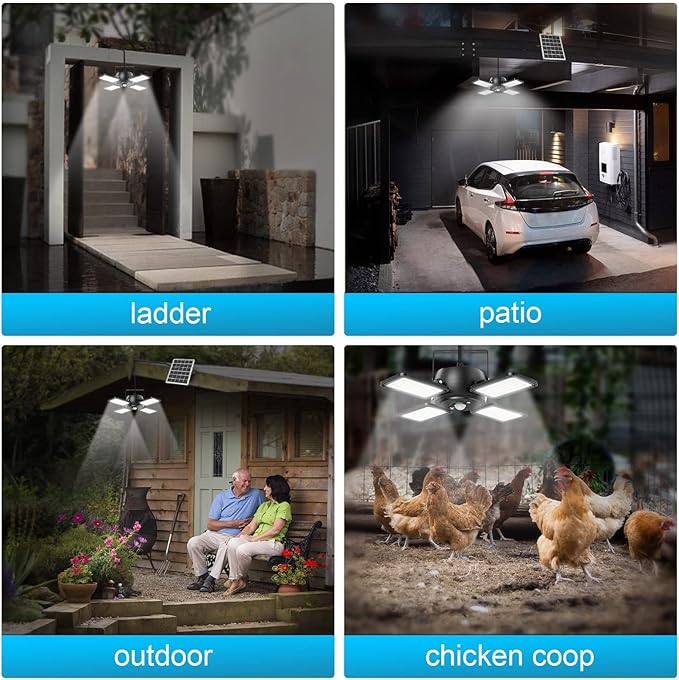 Solar Pendant Light Outdoor Indoor Solar Powered Motion Sensor Shed Light144LED 1200LM Daytime Work with 5 Lighting Modes Remote Control 4 Heads IP65 Waterproof for Garage Gazebo Barn