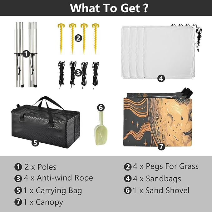 Sun &amp Moon Face Beach Tent Sun Shelter 9.2' x 10.5' Beach Canopy with 4 Sandbags 4 Stability Poles Sand Shovels - Tent Canopy for Beach Camping Fishing Picnics