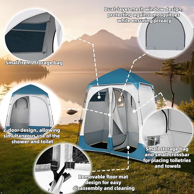 2 Rooms Camping ShowerTent - Portable Privacy &amp Changing Room Tent for Camping Hiking Beach | Lightweight Durable 15 * 19 Oxford Cloth Tent with Large Zipper Door 90x90x48 (Blue/White)