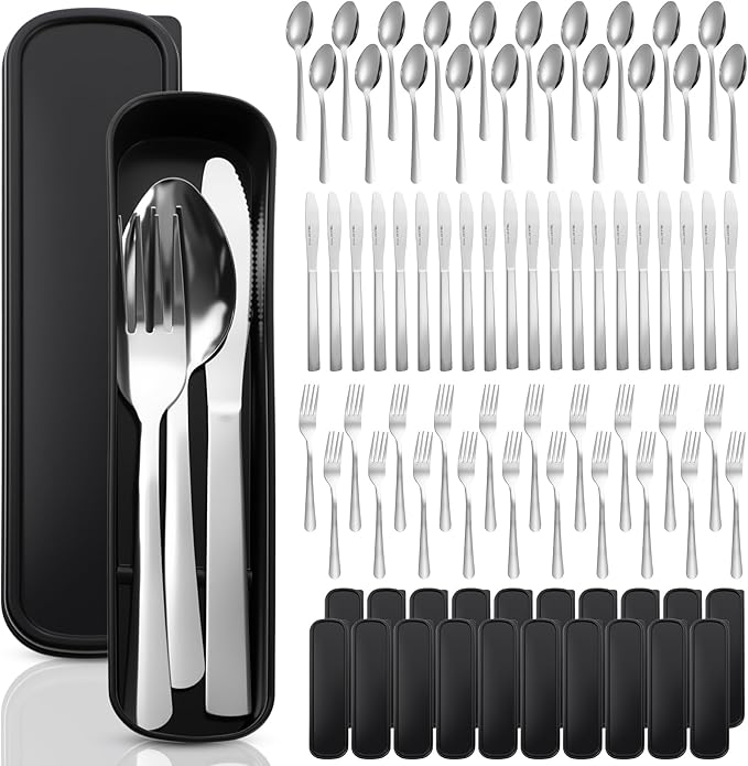Lothee 20 Pack Travel Utensils with Case Stainless Steel Portable Camping Cutlery Set Bulk Forks Knives Spoons Silverware Set for Work Picnic Travel and Lunchboxes Dishwasher Safe Black
