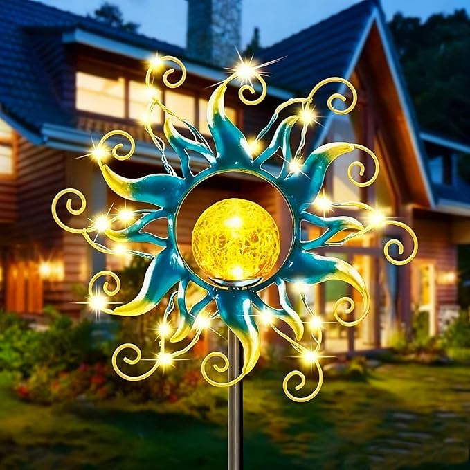 Solar Lights Outdoor Garden Decor Blue Metal Sun Crackle Glass Globe Stake Waterproof 30LED Decorations Unique Gifts for WomenMomOutside PatioLawnYardPathway