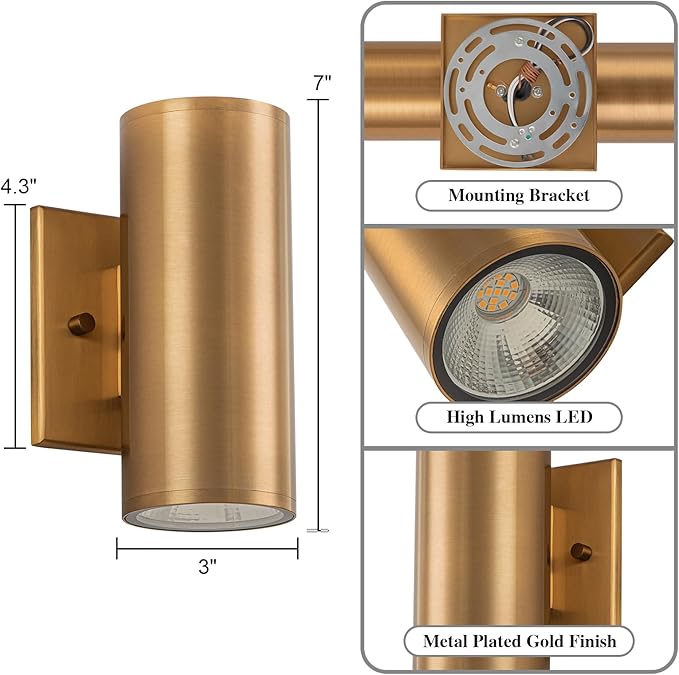 Modern Outdoor Wall Light 2 Packs Up and Down Lights 7 Gold Exterior Light Fixture for House Porch Patio Garage