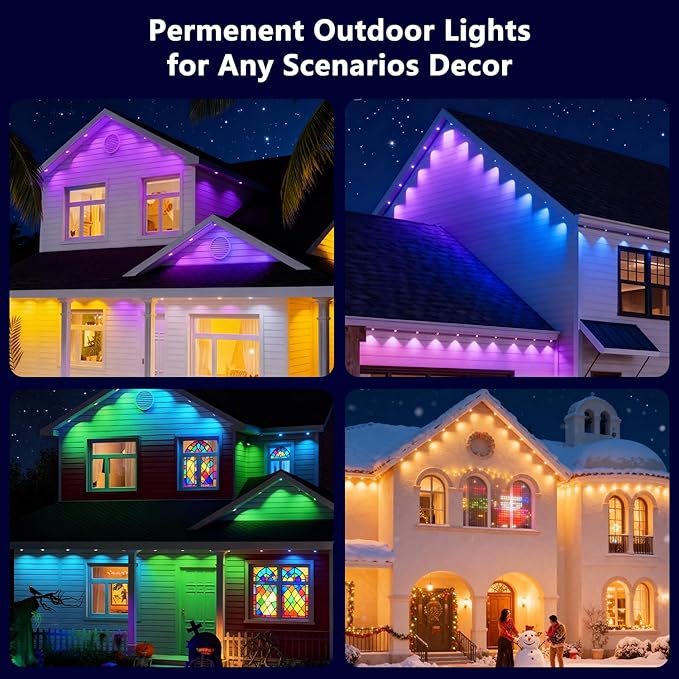 200FT Permanent Outdoor Lights Pro: Smart AI RGBTW Light Cool/Warm Eaves Lights for Christmas Decoration Lighting for Outdoor Garden Daily Decor Compatible with Alexa Google Assistant