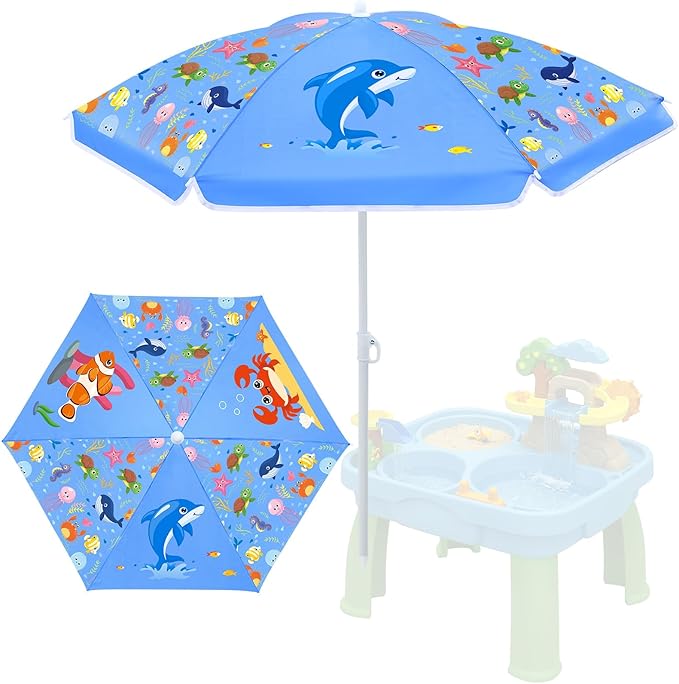 Sweetude Water Table Umbrella (Table Not Included) Kids Seaside Beach Umbrella Picnic Canopy for Summer Toddlers Sand Beach Camping Garden Outdoor Pool Shade Party Supply(Marine Animal Theme)
