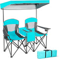 GYMAX Double Camping Chair Beach Chair with Canopy Shade Adjustable UV Protection Cooler Cup Holder &amp Carry Bag Folding Portable Lawn Soccer Camp Chair with Umbrella for Adults (Navy 2 Perso