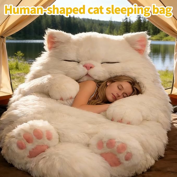 Cat Shaped Sleeping Bag for Adults 69x31 Extra Large Plush Floor Lounger Cozy Envelope Sleep Sack for Camping Travel &amp Indoor Use Soft Washable Warm Blanket