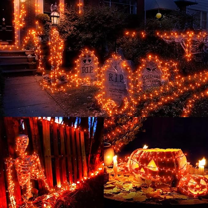 New Upgraded Solar Halloween String Lights Outdoor Waterproof Solar &amp USB Rechargeable 19 Modes 2 Pack Total 144FT 400 LED Orange Halloween Lights for Yard Patio Garden Christmas Decorations Ora