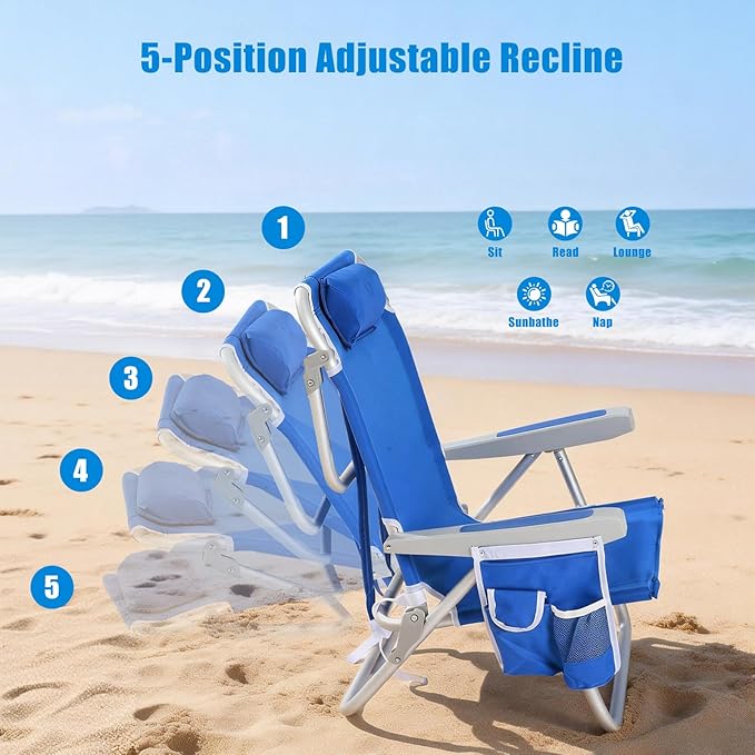 SUNNYFEEL Low Beach Chair 5 Position Lay Flat Portable Folding Backpack Beach Chairs Heavy Duty with Cooler Bag Cup Holder for Outdoor/Lawn/Trip/Picnic/Fishing Foldable Camping Chair (New Blue)
