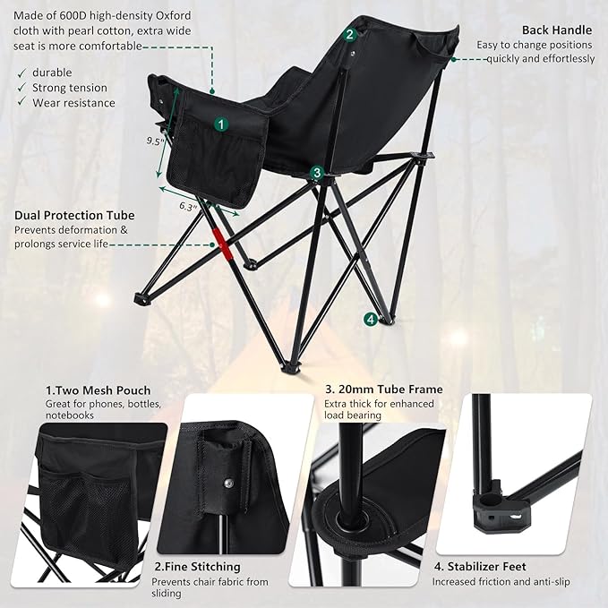 Leonyo 2 Pcs Portable Camping Chairs for Adults Oversized Lawn Chair with Folding Camping Table for Outdoor Sports Fishing Rv Travel Beach Picnic – Black