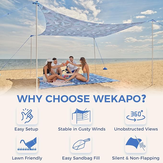 WEKAPO Beach Tent Sun Shelter - Easy Setup Beach Canopy with 4 Sturdy Poles Large Sandbags and Shovel 7'1'' Tall Windproof Sun Shade for Backyard and Camping UPF 50+ Protection