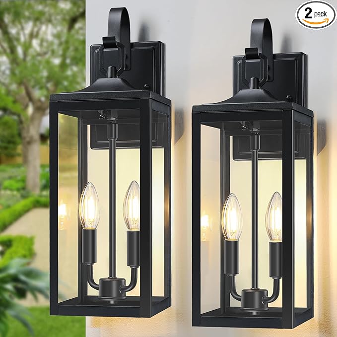 18'' Large Outdoor Light Fixture 2 Packs Black Porch Lantern Wall Mounted Waterproof 2-Light Exterior Lighting Fixtures with Clear Tempered Glass Modern Sconce Outside Lights for House Patio Garage