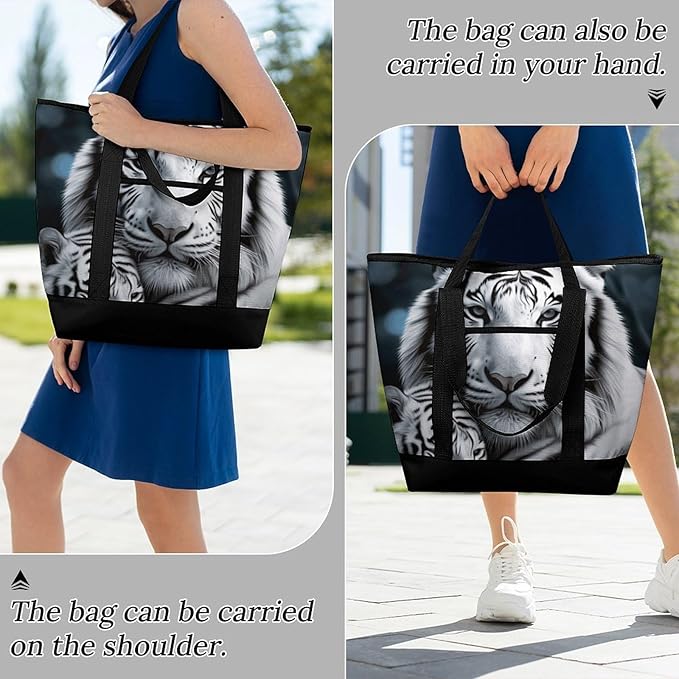 Insulated Shopping BagLarge Reusable Cooler Bags White Tiger Printed Foldable Shopping BagTravel Waterproof Shoulder Bag