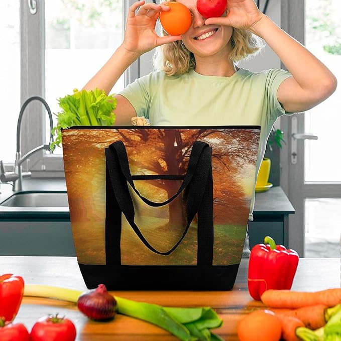 Insulated Shopping BagLarge Reusable Cooler Bags Autumn Sunset Printed Foldable Shopping BagTravel Waterproof Shoulder Bag
