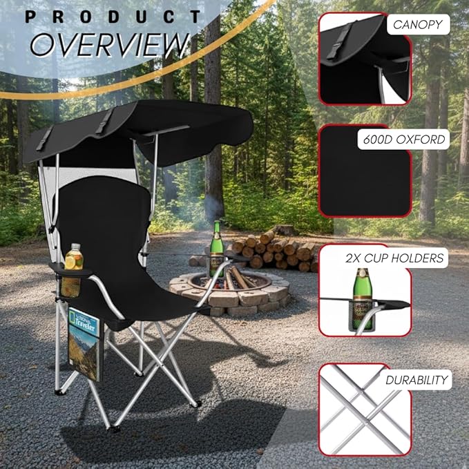 Portable Folding Camping Chairs with Canopy Shade Beach Chair for Adults Durable Weather Resistant 600D Oxford Cloth Camping Chair with Canopy for Outdoors [Black-2 Pack]