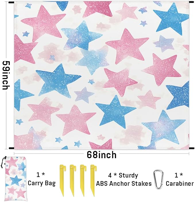 Waterproof Sandproof Beach Blanket 59''×68'' Star Confetti Polyester Outdoor Picnic Blanket with 4 Stakes &amp Storage Bag for BeachCampingVacation White