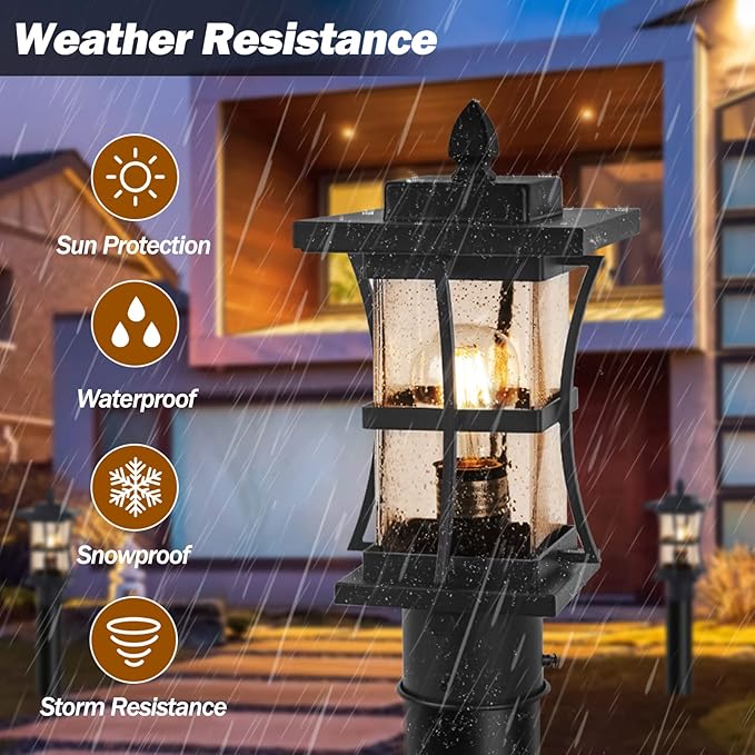 Dusk to Dawn Outdoor Post Light Fixture with Pier Mount Base - Black Outdoor Pole Lighting Waterproof Pillar Lantern Modern Outside Column with Seeded Glass for Pathway Garden Patio Anti-Rust