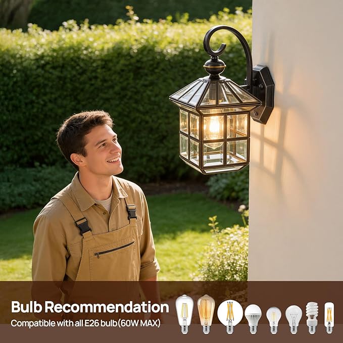 Black Outdoor Wall Light Fixture 1-Light Exterior Porch Light with Clear Glass Waterproof Wall Mount Lantern Sconce for Garage Front Door and Patio Anti-Rust Finish