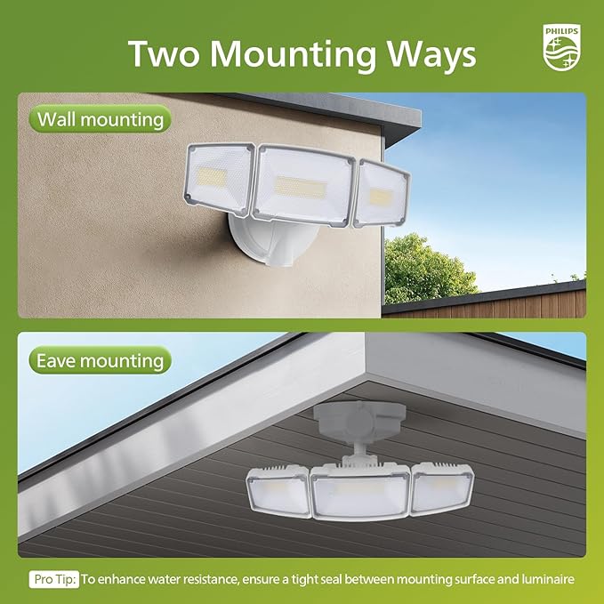 Philips 72W 7400LM LED Flood Lights Outdoor Switch Controlled Aluminum Security Lights 3 Adjustable Heads Wall Mount 5000K Daylight Waterproof for Yard Garage (2 Packs)