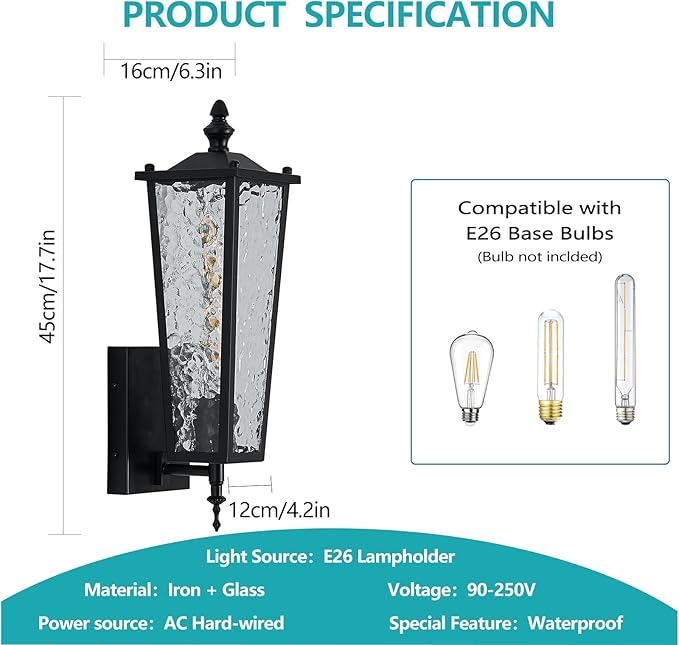 2-Pack Outdoor Wall Light Black Exterior Lighting Fixture with E26 Sockets &amp Clear Glass 17.7in Waterproof Porch Wall Lanterns for GaragePatioFront DoorHouse