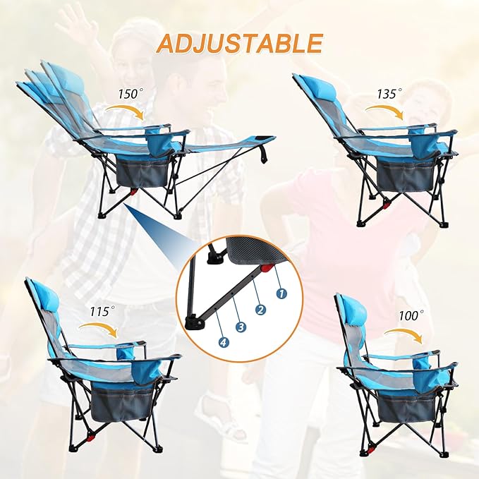Reclining Camping Chair with Removable Footrest Lounge Chair with Headrest Cotton Cushion Portable Adjustable Folding Chairs