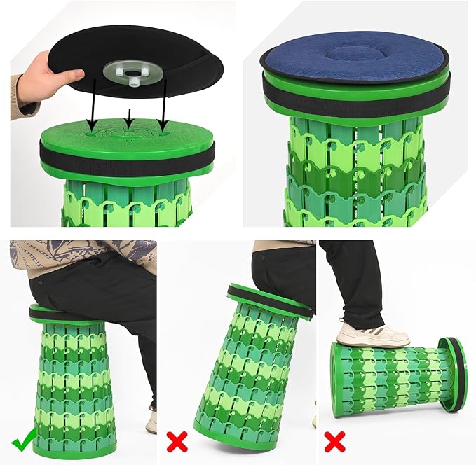 2 Pack Upgraded Folding Stool 19.7 Collapsible Stool Height Max Weight 1000lbs Portable Telescoping Seat with Cushion and Storage BagRetractable Folding Chair for Camping Hiking Outdoor BBQ-Green
