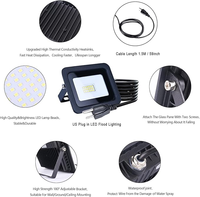 MIWAT 5Pack 10W Daylight LED Flood Light Outdoor LED Work Light Plug and Play Waterproof Outdoor Floodlights for Yard Garden Playground 3x2