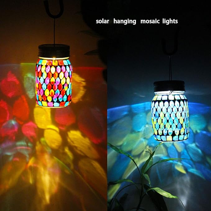 2 Pack Solar Outdoor Mosaic LanternSolar Lights Outdoor Hanging Lanterns Rechargeable Waterproof Table lamp Mosaic Night Light for Garden Patio Party Yard Outdoor/Indoor Decorations