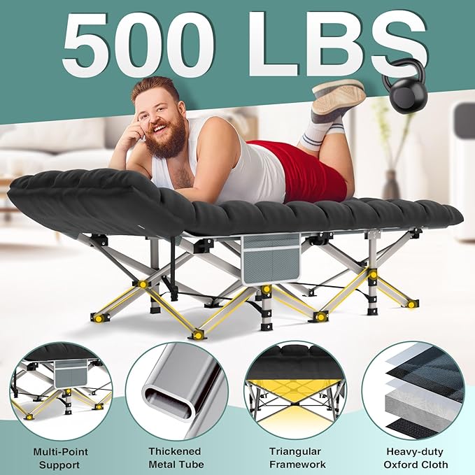 ZENPETIO Camping Cot for Adults Heavy-Duty Portable Cot Bed with Mattress Foldable Padded Sleeping Cots for Camping Travel Tent Day Bed Outdoor &amp Home Guest Max Load 500 LBS 75x28x15”