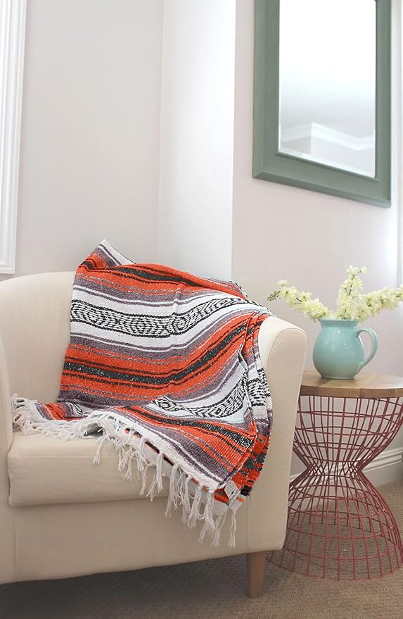 Del Mex Classic Mexican Blanket Large Authentic Woven Falsa Throw (70x50) Artisan Southwest Décor for Beach Yoga Outdoors (Terracotta)