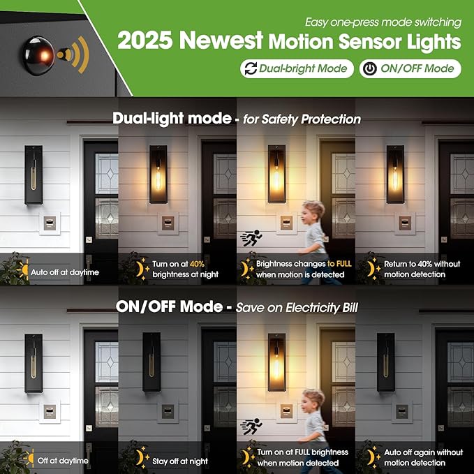 Motion Sensor Outdoor Lights for House 2-Pack 16'' Anti-Rust Large Outdoor Porch Lights Wall Mount Dusk to Dawn Coach Lights with Photocell Sensor Black Outside Sconce Garage Exterior Lighting