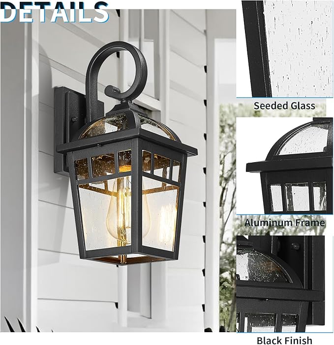 Front Porch Lights Outdoor Wall Lights Exterior Wall Sconce Matte Black Exterior Light Fixtures with Seeded Glass Farmhouse Outdoor Lighting Fixtures for House Garage Porch Patio 2 Pack