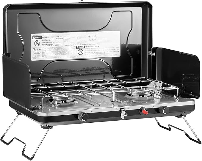 Camping Stove 2 Burners Portable Propane camp Stove with Regulator Integrated Igniter &amp Stainless Steel Drip Tray &amp Built-in Handle &amp Foldable Legs for Outdoor Cooking and Travel-20000 B