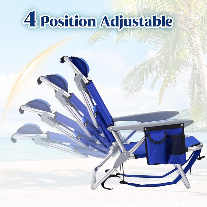 2 Pack Lightweight Portable Camping Beach Chair for Adults Outdoor Lay Flat Folding Beach Chairs with 5 Positions Backpack Beach Chair with Towel Bar Zipper Pouch Cup Holder Blue