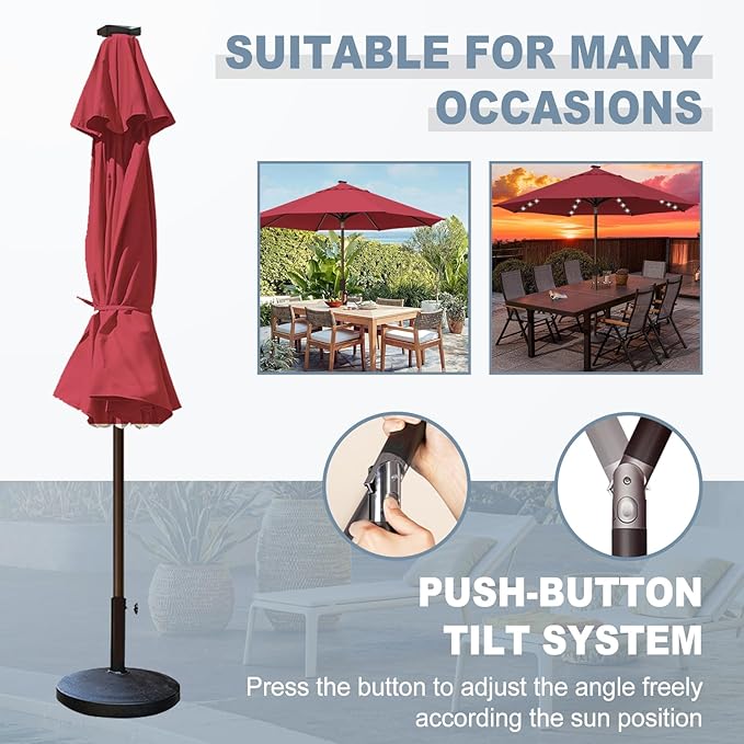 EliteShade USA 10-Year-Non-Fading 10Ft Market Umbrella with 80 LED Lights Patio Umbrella Outdoor Table Umbrella with Ventilation(Burgundy)