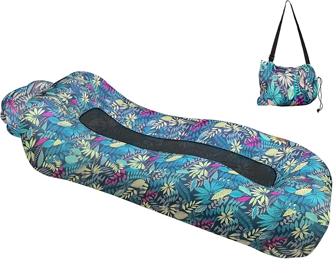 ele ELEOPTION Outdoor Inflatable Camping Couch Waterproof Portable Blow Up Air Sofa Chair Lounger for Backyard Beach Traveling Camping with Compression Sacks (Blue Leaf Print)