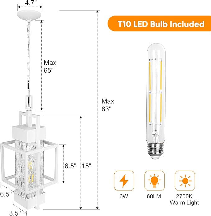 PARTPHONER 15 Outdoor Indoor Pendant Light Exterior Hanging Lantern Modern Metal Outside Chandelier Light Fixture Ceiling Mount with Water Glass for Front Porch Entrance Foyer Entryway White
