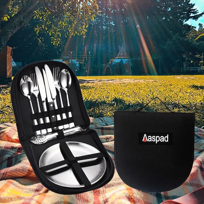 Full Size Stainless Steel Dish &amp Utensil Set Portable Picnic Mess Kit RV Camping Flatware Plate &amp Silverware Cutlery Dinnerware Packed 2 ForkSpoonSerrated KnifeFood Clip Outdoor Gift for Me