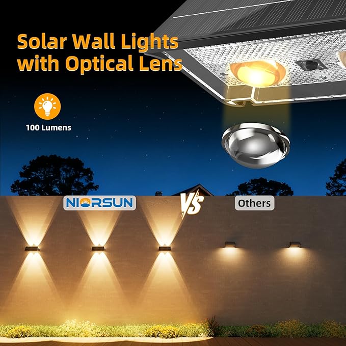 NIORSUN Solar Fence Lights Outdoor 6 Pack Up and Down Waterproof Solar Wall Lights Warm &amp Cool White + RGB Fence Lights with Lens Dusk to Dawn Lighting for Patio Backyard Pool Railing (Blac