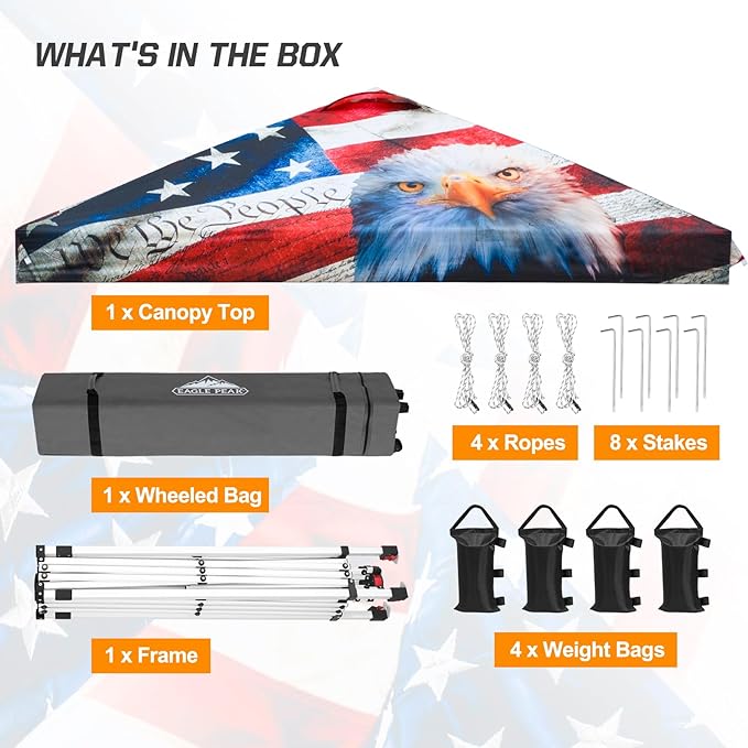 EAGLE PEAK Pop Up Canopy Tent with Wheeled Carry Bag 8 Stakes 4 Ropes 4 Weight Bags Easy Set Up Tent Canopy 10x10 ft 100sqft of Shade American Icon