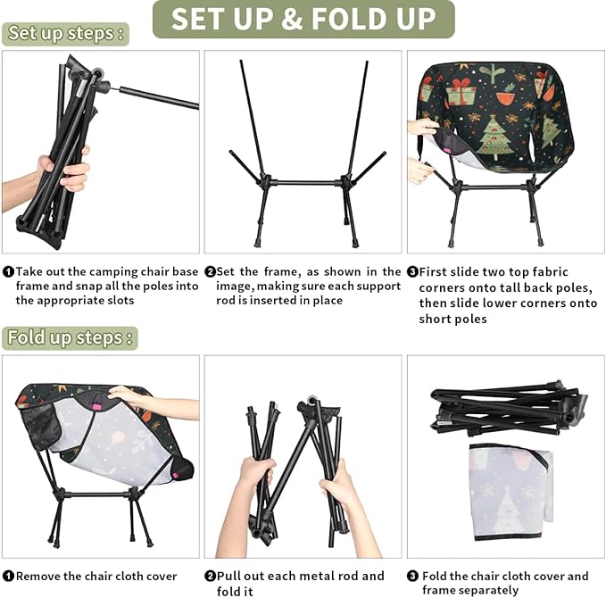Portable Camping Chair Retro Xmas Tree Ultralight Folding Camping Chair Backpacking Hiking Chair with Cup Holder for Outdoor Travel Beach Picnic Festival Compact Portable 176 lbs Capacity