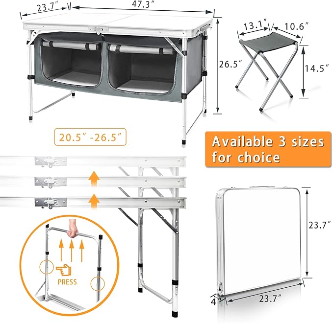 CampLand Outdoor Folding Table Aluminum Lightweight Height Adjustable with Storage Organizer for BBQ Party Camping