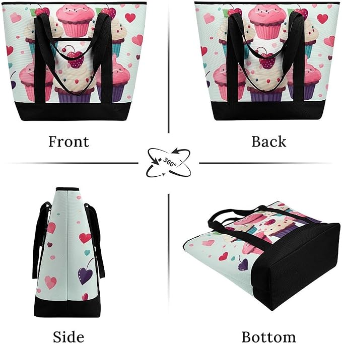 Insulated Shopping BagLarge Reusable Cooler Bags Cupcake Candy Hearts Sweet Printed Foldable Shopping BagTravel Waterproof Shoulder Bag